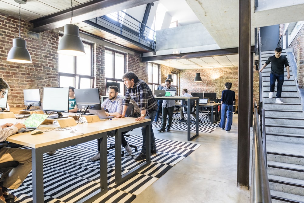 Startup team collaborating in a bright workspace